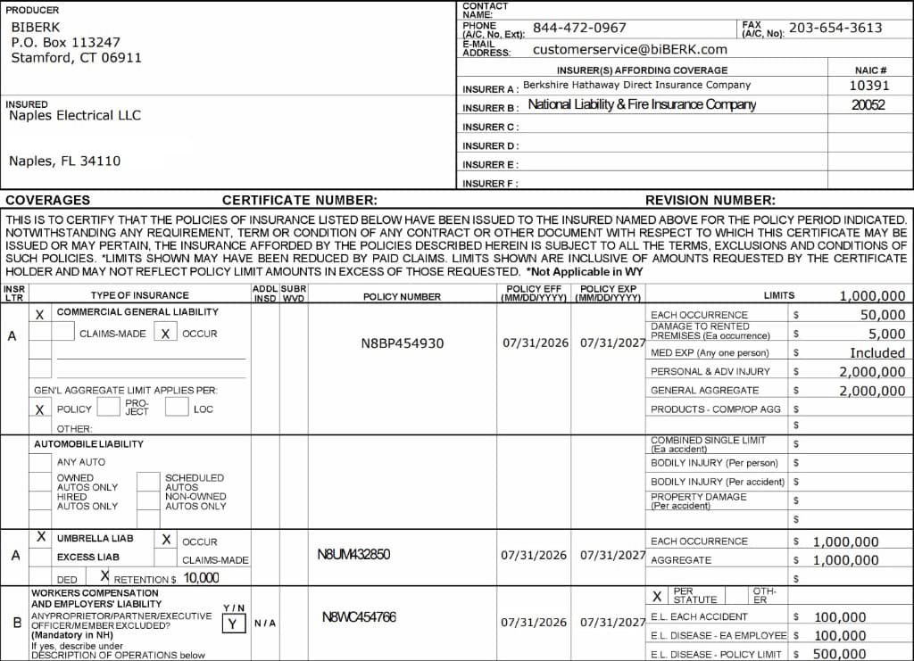 Naples Electrical Insurance Certificate - biBERK Berkshire Hathaway